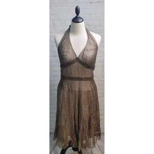 Vintage Cache Womens Halter Dress Size 10 Bronze Metallic Crinkled Silk Beaded